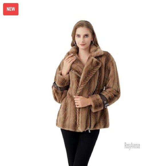 Faux Fur Cropped Jacket with Belted Waist and Leather Accents - Picture 5 of 8